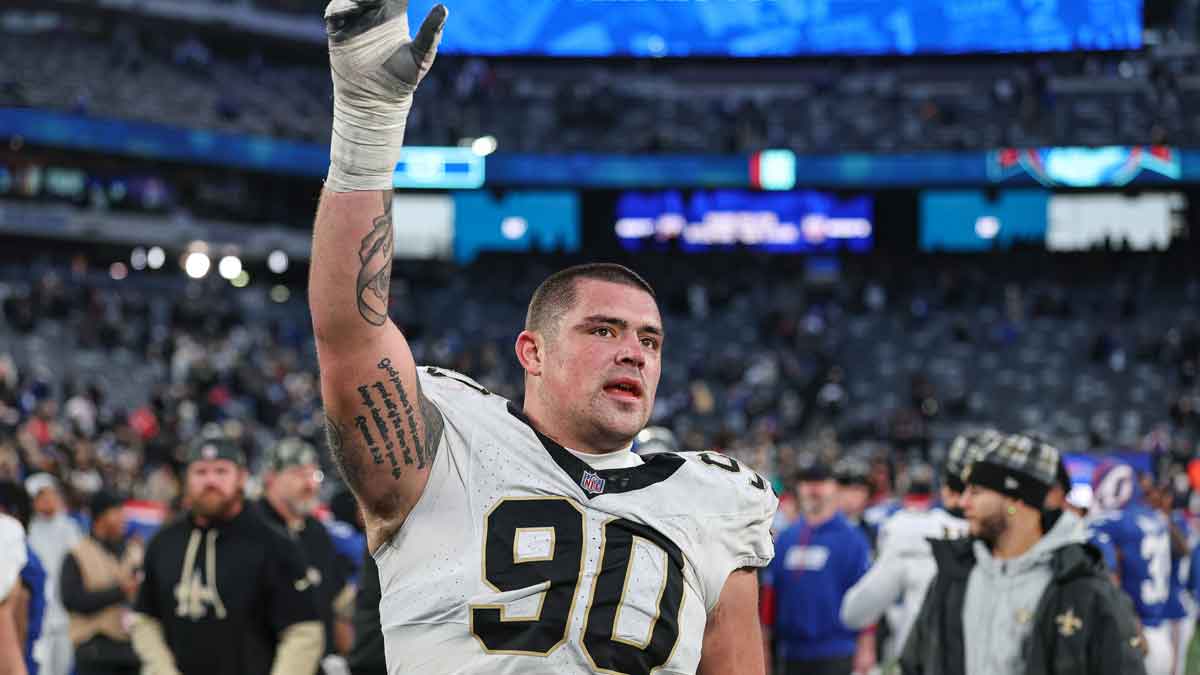 New Orleans Saints defensive tackle Bryan Bresee (90) celebrates after the game against the New York Giants at MetLife Stadium.