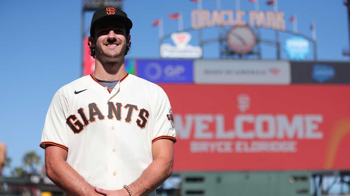 San Francisco Giants 2023 first round draft pick Bryce Eldridge poses for a photo before the game against the Oakland Athletics.