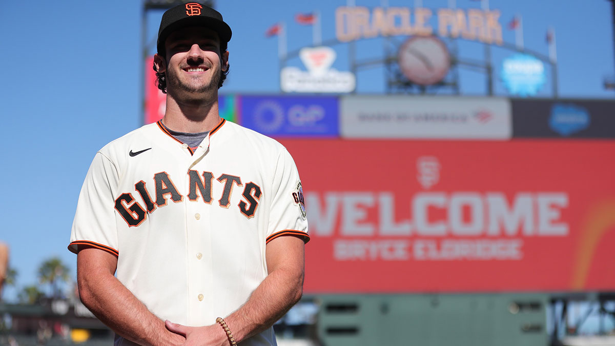 San Francisco Giants 2023 first round draft pick Bryce Eldridge poses for a photo before the game against the Oakland Athletics at Oracle Park.