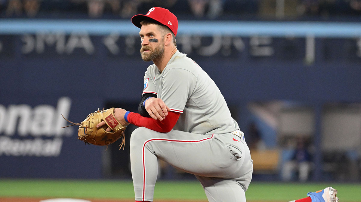 Philadelphia Phillies first baseman Bryce Harper (3) looks on during an injury delay in the ninth inning against the Toronto Blue Jays at Rogers Centre.