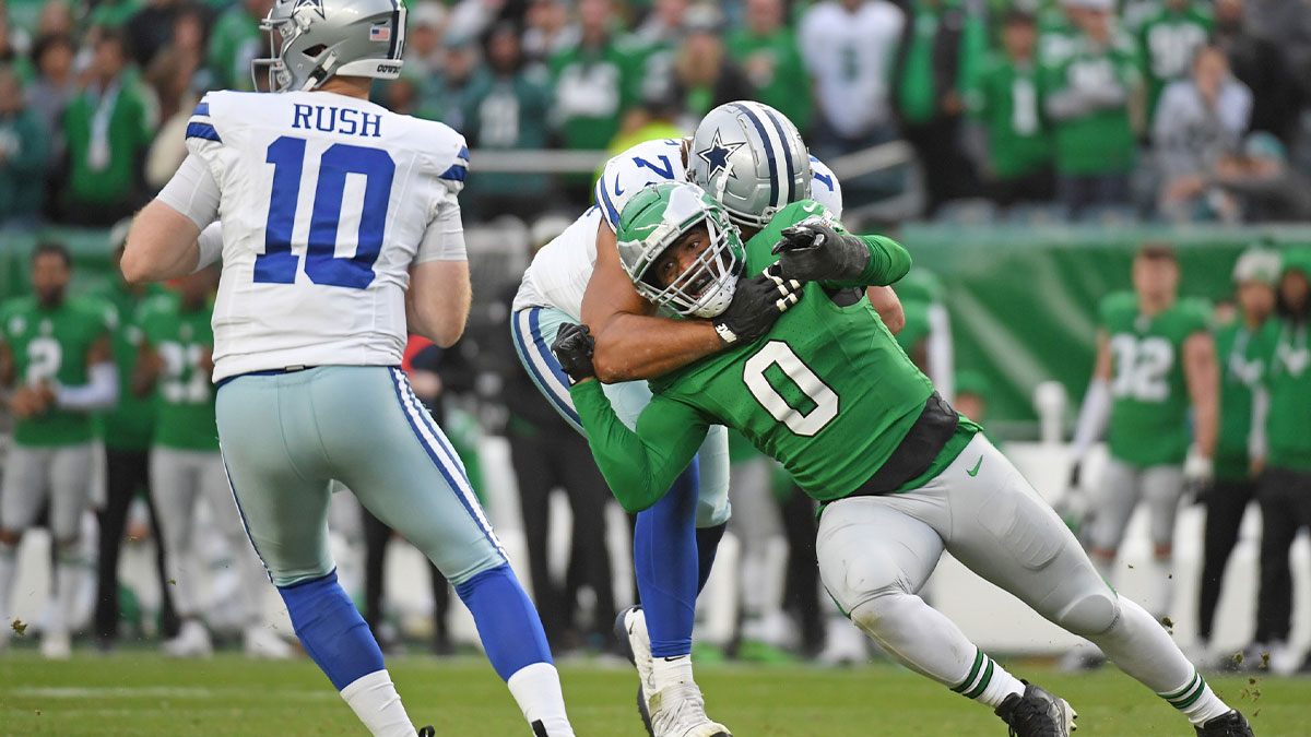 Philadelphia Eagles defensive end Bryce Huff (0) is blocked by Dallas Cowboys offensive tackle Terence Steele (78) tas he tries to rush the quarterback at Lincoln Financial Field.