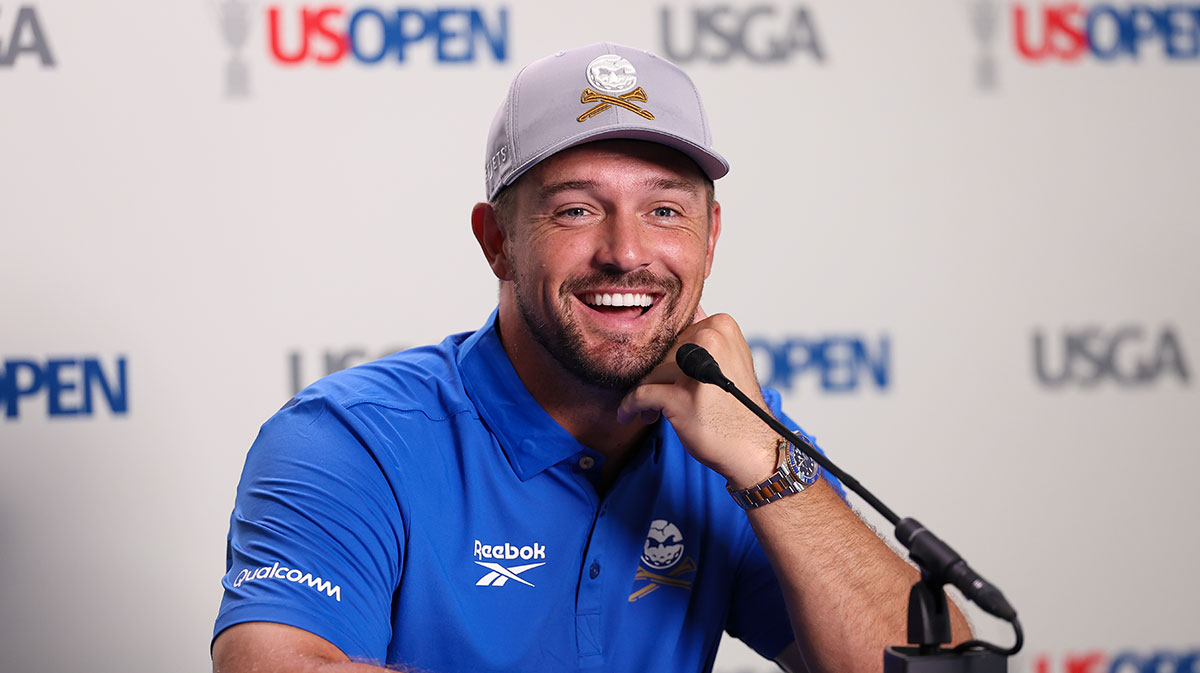 Bryson DeChambeau speaks with the media during practice rounds for the U.S. Open golf tournament at Oakmont Country Club