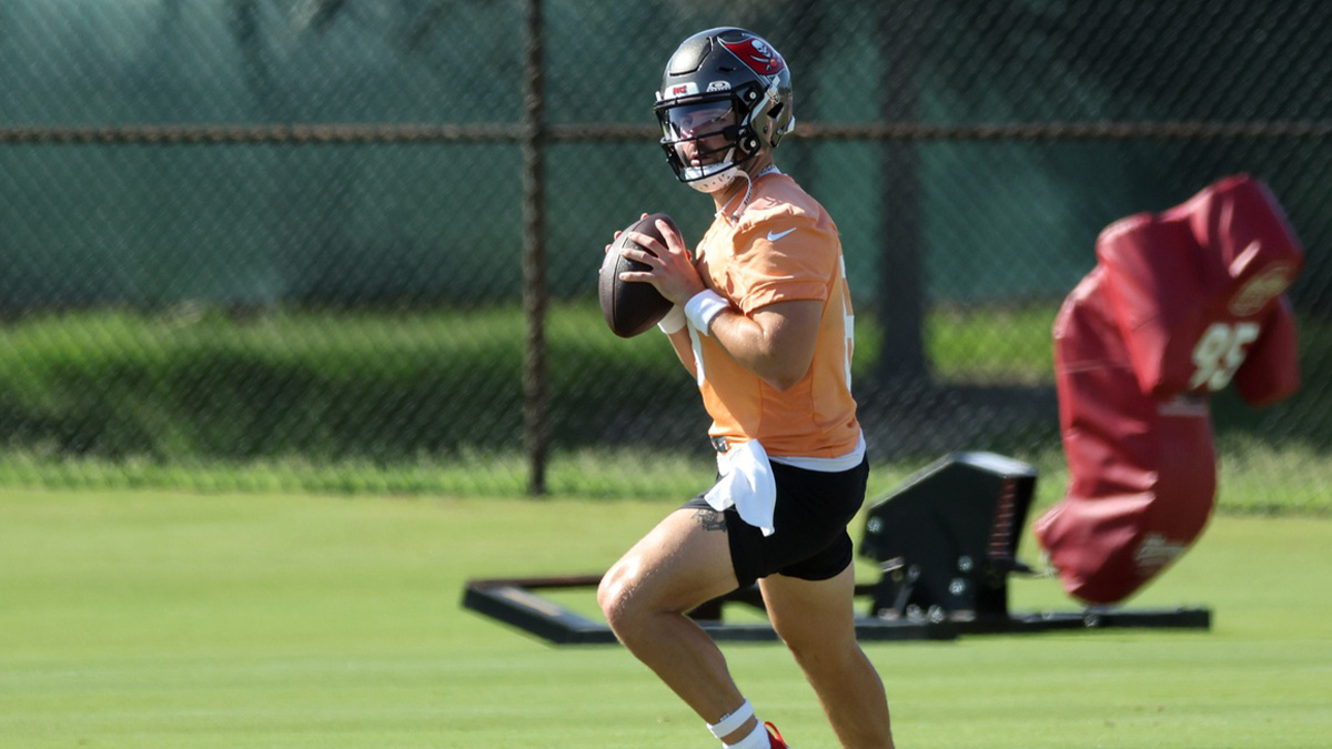 Tampa Bay Buccaneers quarterback Baker Mayfield (6) works out at One Buc Place.