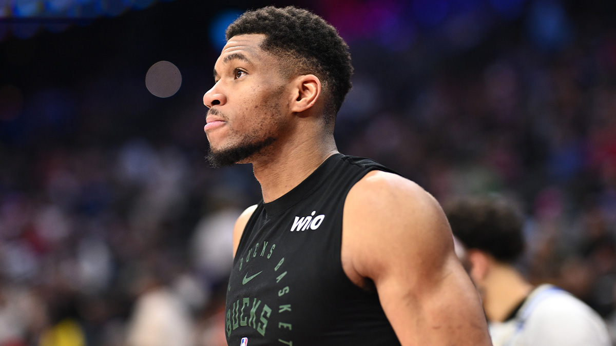 Milwaukee Bucks forward Giannis Antetokounmpo (34) looks on before the third quarter against the Philadelphia 76ers at Wells Fargo Center.