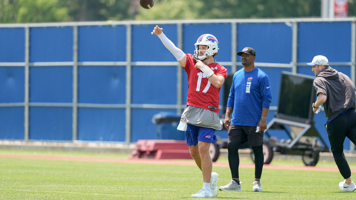 Bills' Josh Allen throwing during Buffalo's minicamp at Highmark Stadium.