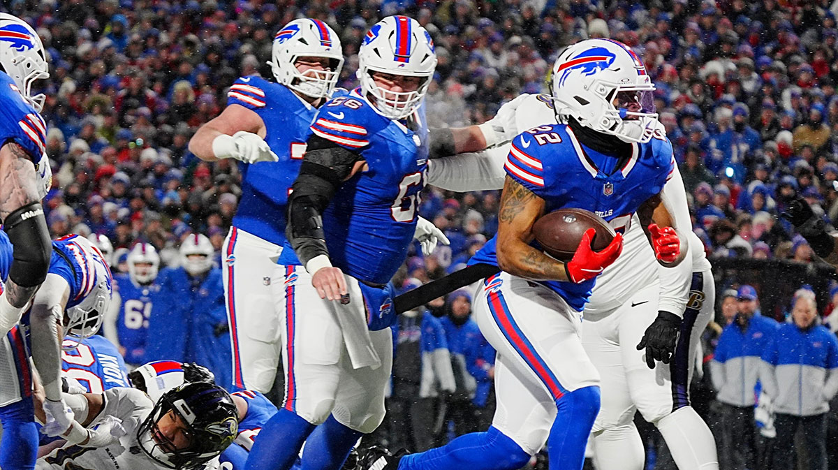 Buffalo Bills running back Ray Davis sneaks into the end zone for a touchdown during first half action during the Buffalo Bills divisional game against the Baltimore Ravens at Highmark Stadium in Orchard Park on Jan. 19, 2025.