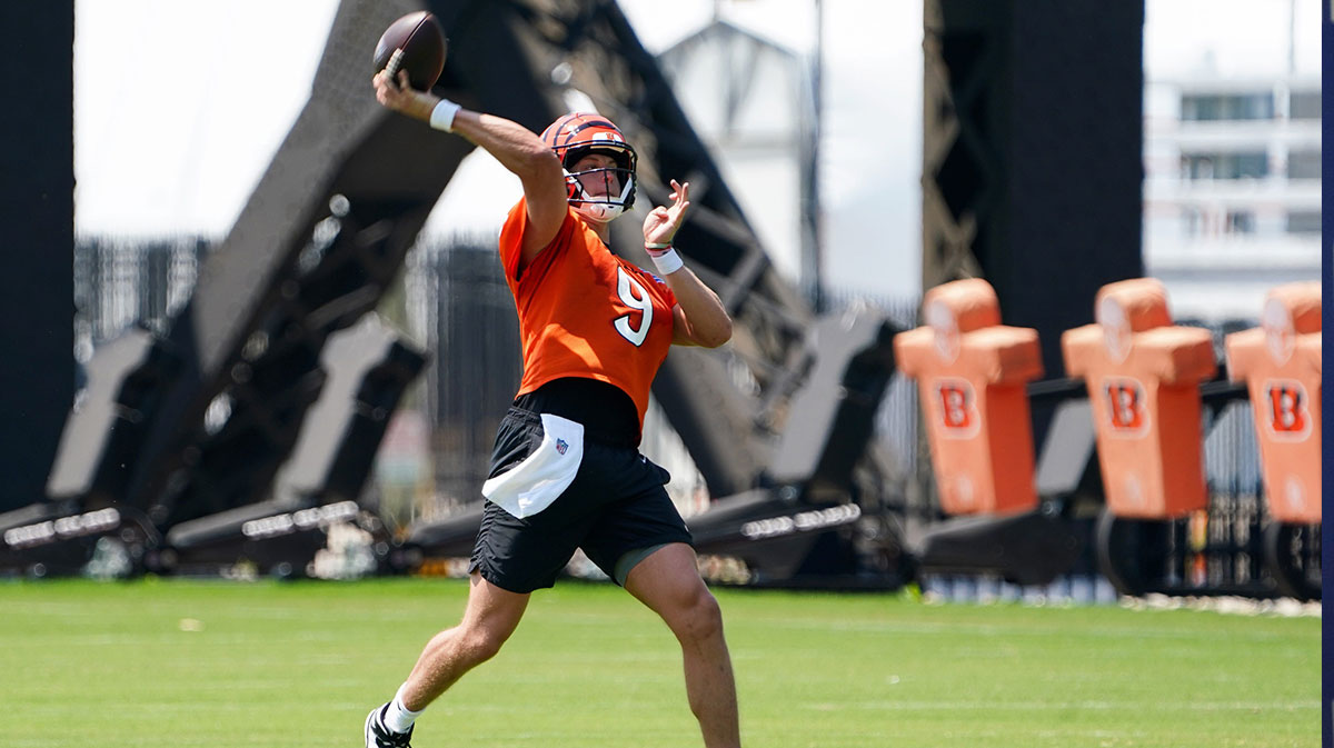 Cincinnati Bengals quarterback Joe Burrow (9) throws a pass during practice, Wednesday, June 11, 2025, at Kettering Health Practice Fields in Downtown Cincinnati.