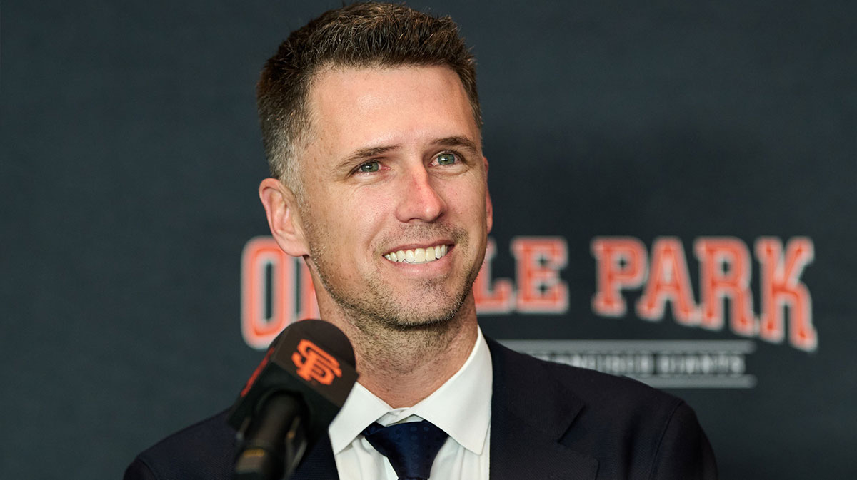 San Francisco Giants president of baseball operations Buster Posey speaks during the introductory press conference for shortstop Willy Adames (not pictured) at Oracle Park.