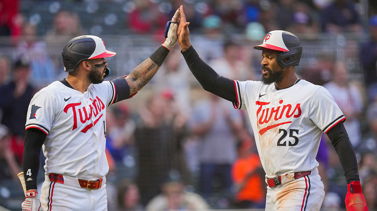 Minnesota Twins outfielder Byron Buxton (25) celebrates his single against the Seattle Mariners in the sixth inning at Target Field.