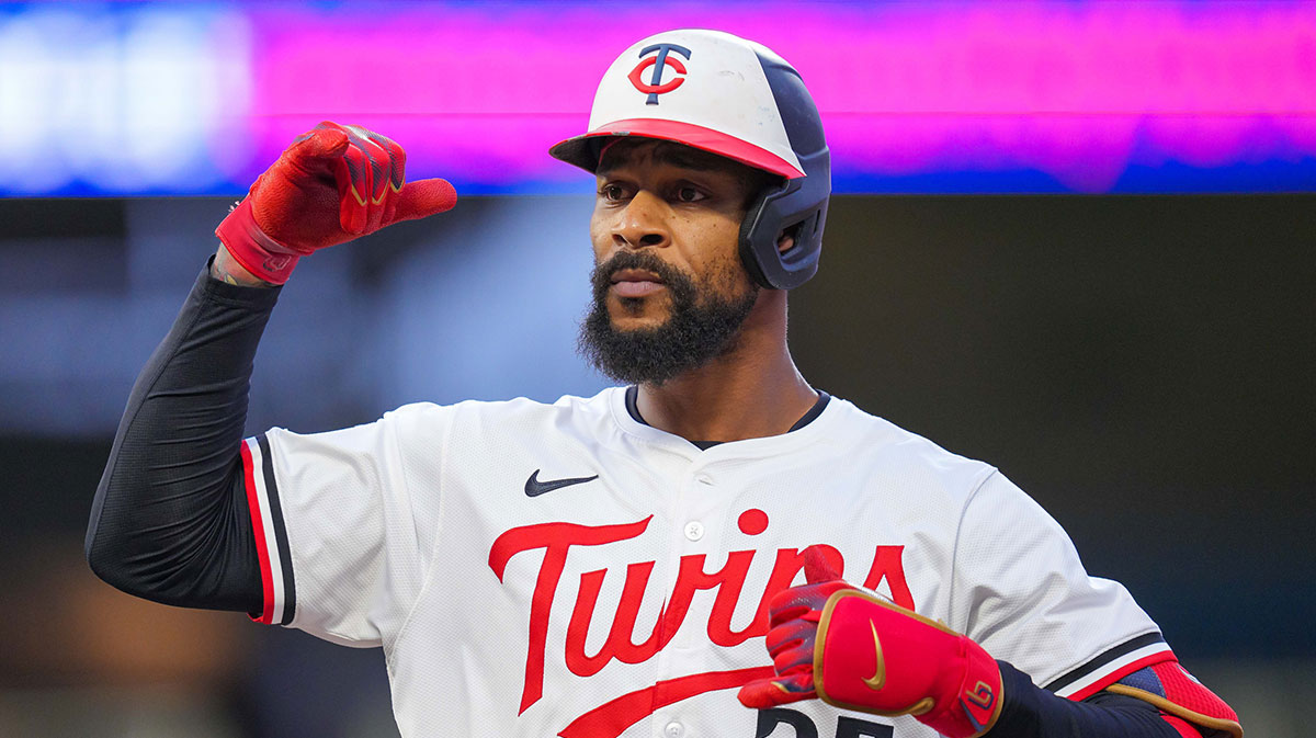Minnesota Twins outfielder Byron Buxton (25) celebrates his single against the Seattle Mariners in the sixth inning at Target Field.