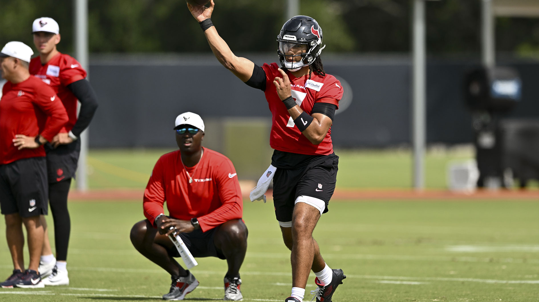 Houston Texans quarterback C.J. Stroud (7) participates in a drill during an NFL football minicamp at NRG Stadium.