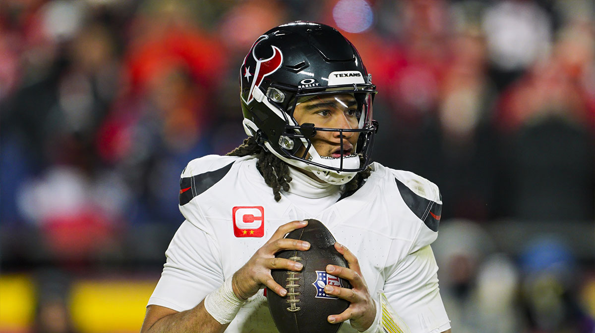 Houston Texans quarterback C.J. Stroud (7) drops back to pass during the second half against the Kansas City Chiefs in a 2025 AFC divisional round game at GEHA Field at Arrowhead Stadium.