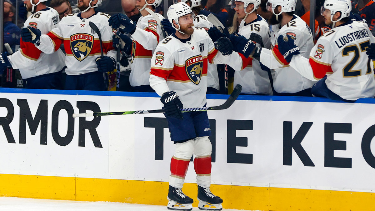Florida Panthers center Sam Bennett (9) reacts with teammates after scoring a goal against the Edmonton Oilers during the first period in game two of the 2025 Stanley Cup Final at Rogers Place.