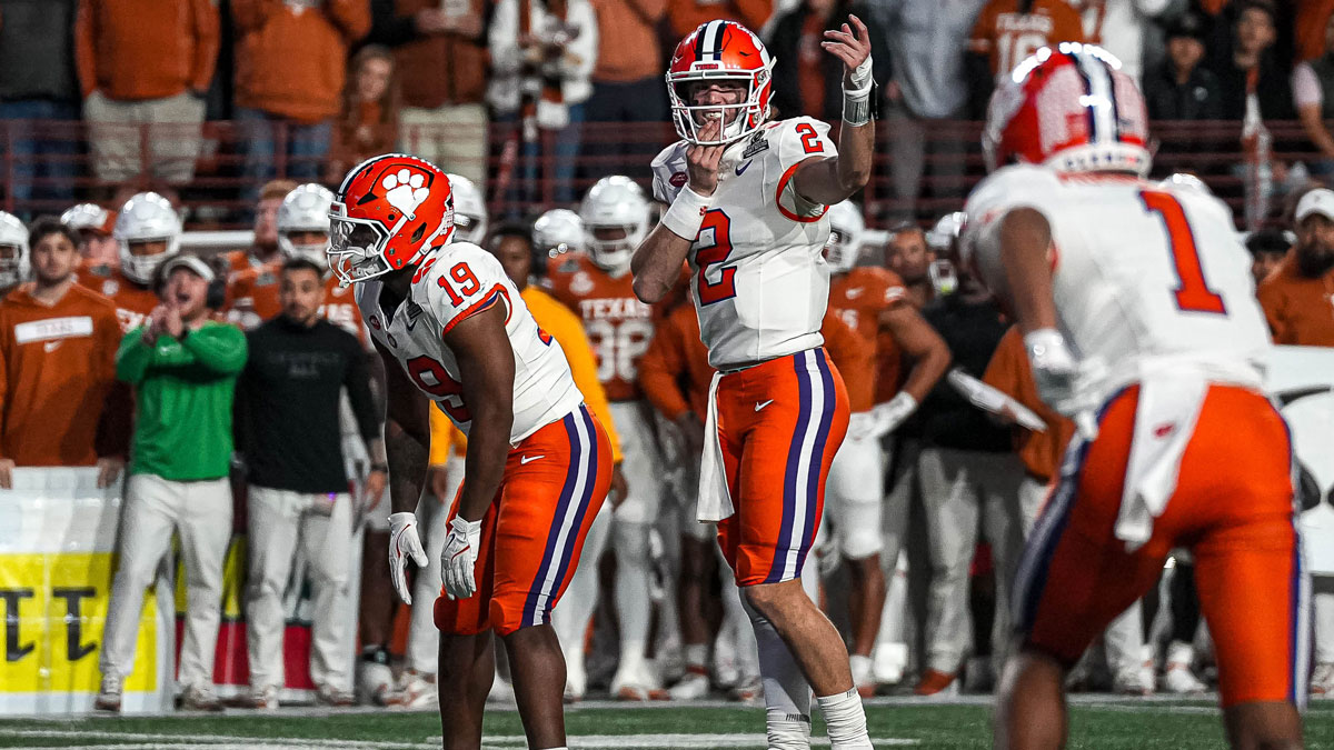 Clemson quarterback Cade Klubnik (2) directs his team during the game against the Texas Longhorns in the first round of the College Football Playoffs at Darrell K Royal-Texas Memorial Stadium on Saturday, Dec. 21, 2024.