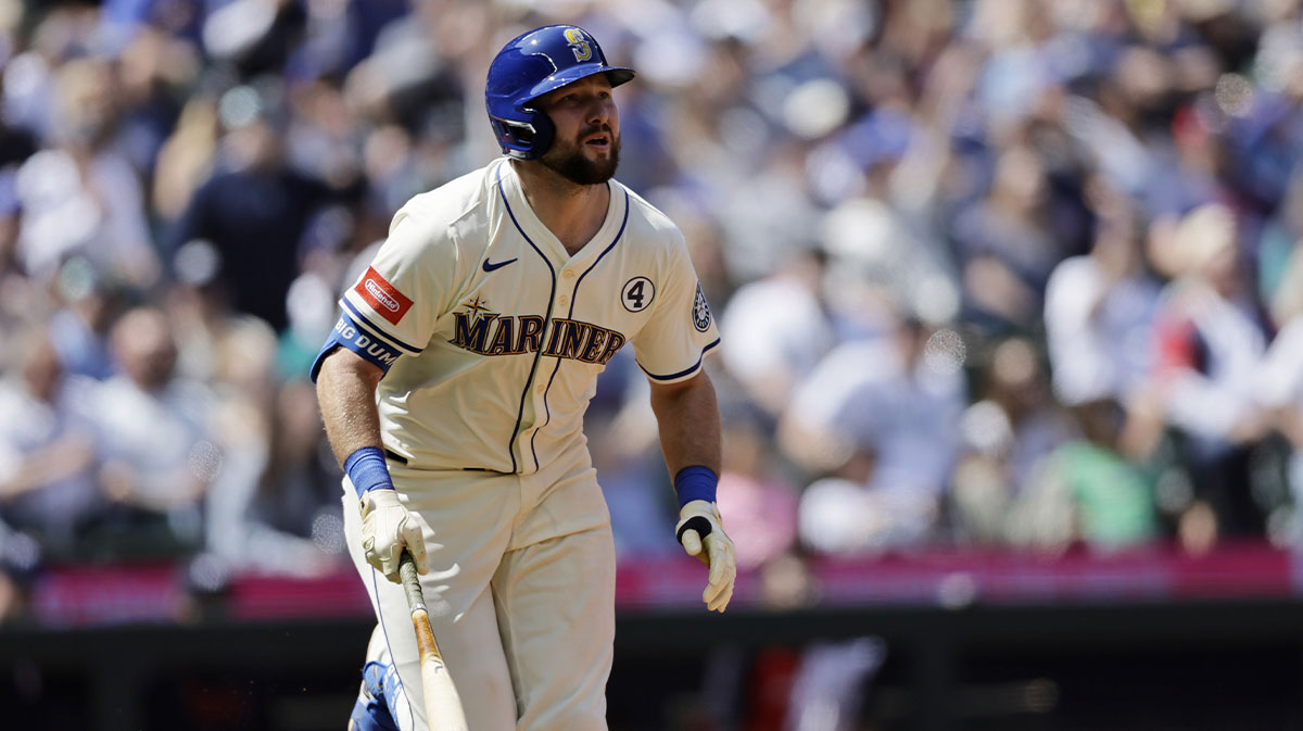 Seattle Mariners catcher Cal Raleigh (29) hits a solo home run against the Minnesota Twins during the seventh inning at T-Mobile Park