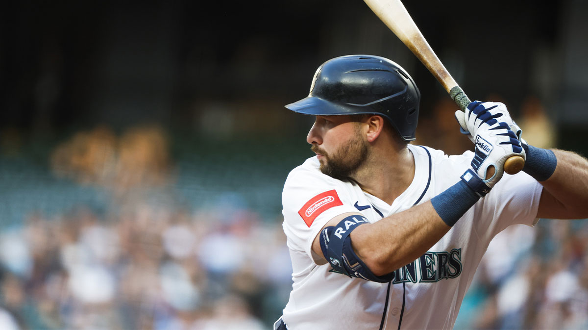 Jun 3, 2025; Seattle, Washington, USA; Seattle Mariners catcher Cal Raleigh (29) waits for a pitch against the Baltimore Orioles during the fourth inning at T-Mobile Park. Mandatory Credit: Joe Nicholson-Imagn Images