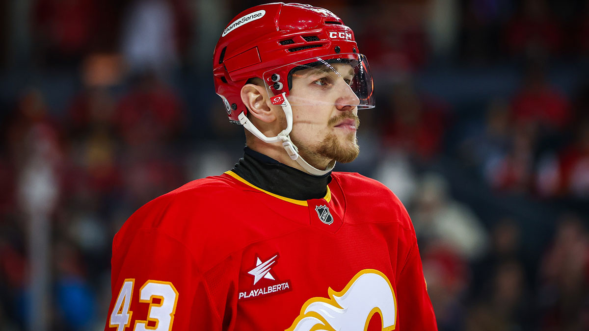 Calgary Flames right wing Adam Klapka (43) during the first period against the Vegas Golden Knights at Scotiabank Saddledome