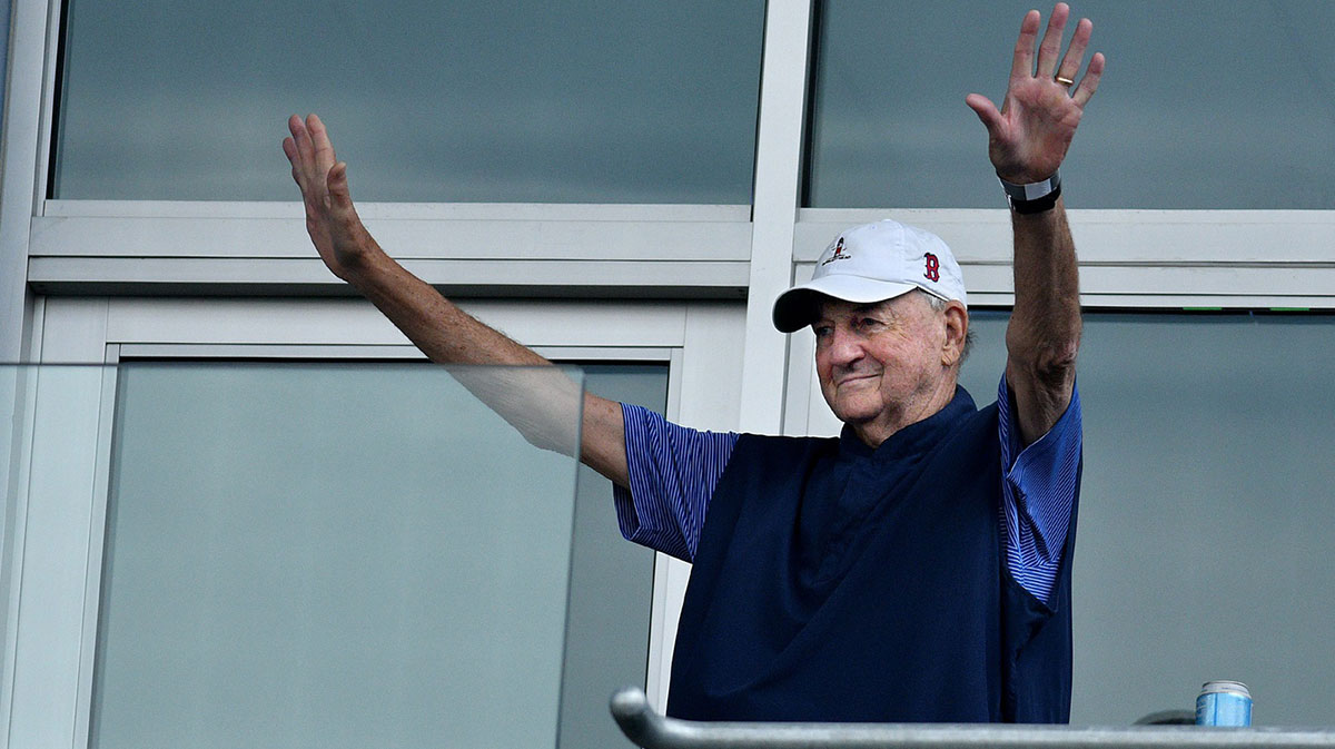 Jim Calhoun waves to the fans. He coached UConn to three NCAA National Championships (1999, 2004, and 2011), seven Big East Tournament Championships, and is 11th all-time with 873 NCAA Division 1 victories. He also coached at Northeastern from 1972-86. He was inducted into the Basketball Hall of Fame in 2005.