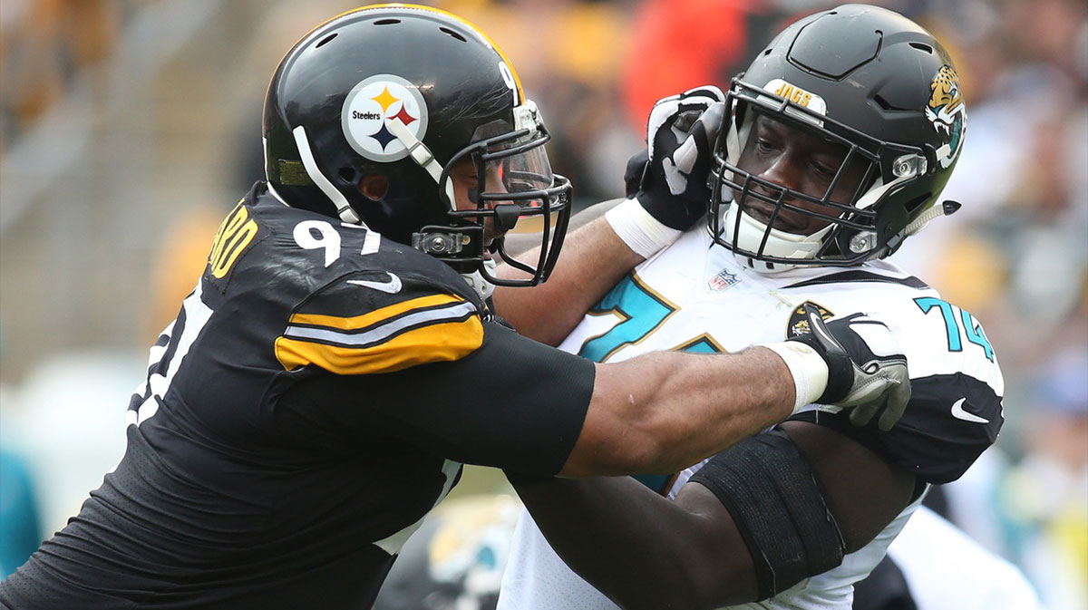Pittsburgh Steelers defensive end Cameron Heyward (97) blocks against Jacksonville Jaguars offensive tackle Cam Robinson (74) at the line of scrimmage during the second quarter.