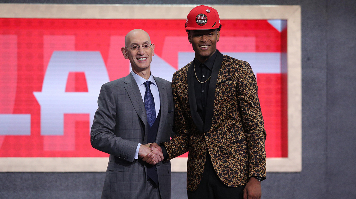 Cam Reddish (Duke) greets NBA commissioner Adam Silver after being selected as the number ten overall pick to the Atlanta Hawks in the first round of the 2019 NBA Draft at Barclays Center.