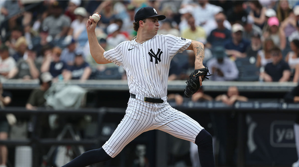 New York Yankees starting pitcher Cam Schlittler (76) throws a pitch during the second inning against the Pittsburgh Pirates at George M. Steinbrenner Field.
