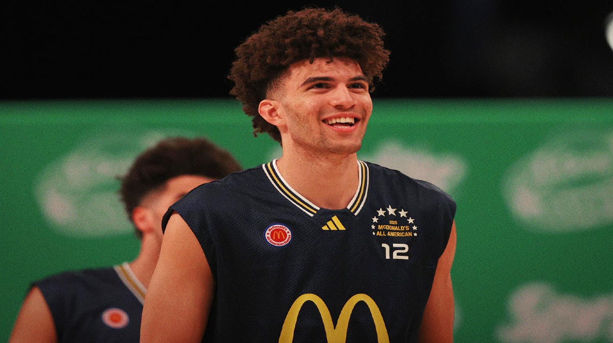 Mar 31, 2025; Brooklyn, New York, USA; McDonald’s All American East forward Cameron Boozer (12) stands on the court during the Sprite Jam Fest at Barclay's Center.