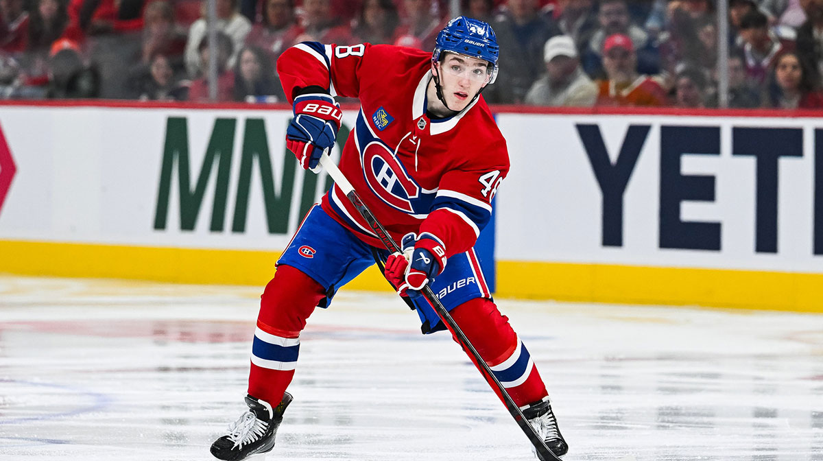 Montreal Canadiens defenseman Lane Hutson (48) considers his options with the puck against the Washington Capitals during the third period in game four of the first round of the 2025 Stanley Cup Playoffs at Bell Centre.