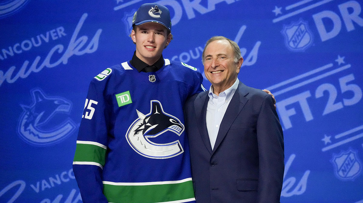 Braeden Cootes is selected as the 16th overall pick to the Vancouver Canucks in the first round of the 2025 NHL Draft at Peacock Theater.