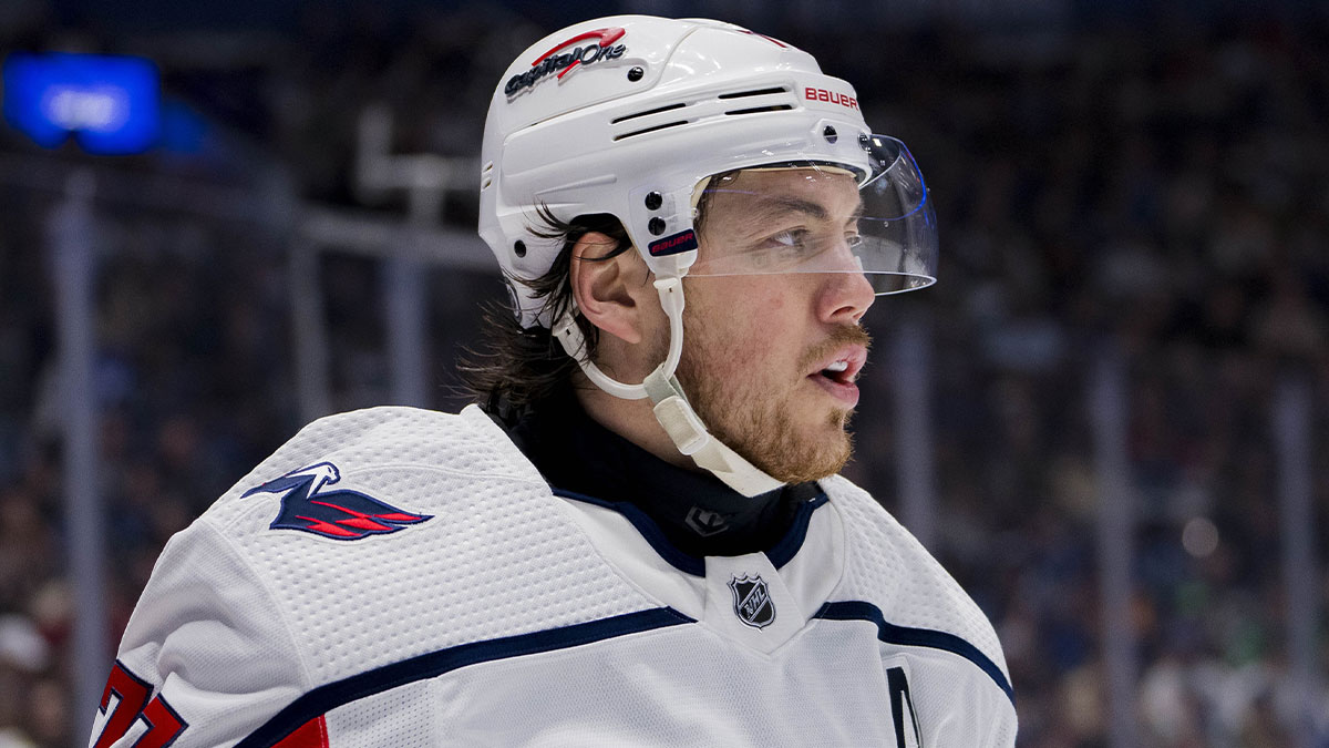 Washington Capitals forward TJ Oshie (77) during a stop in play against the Vancouver Canucks in the second period at Rogers Arena.