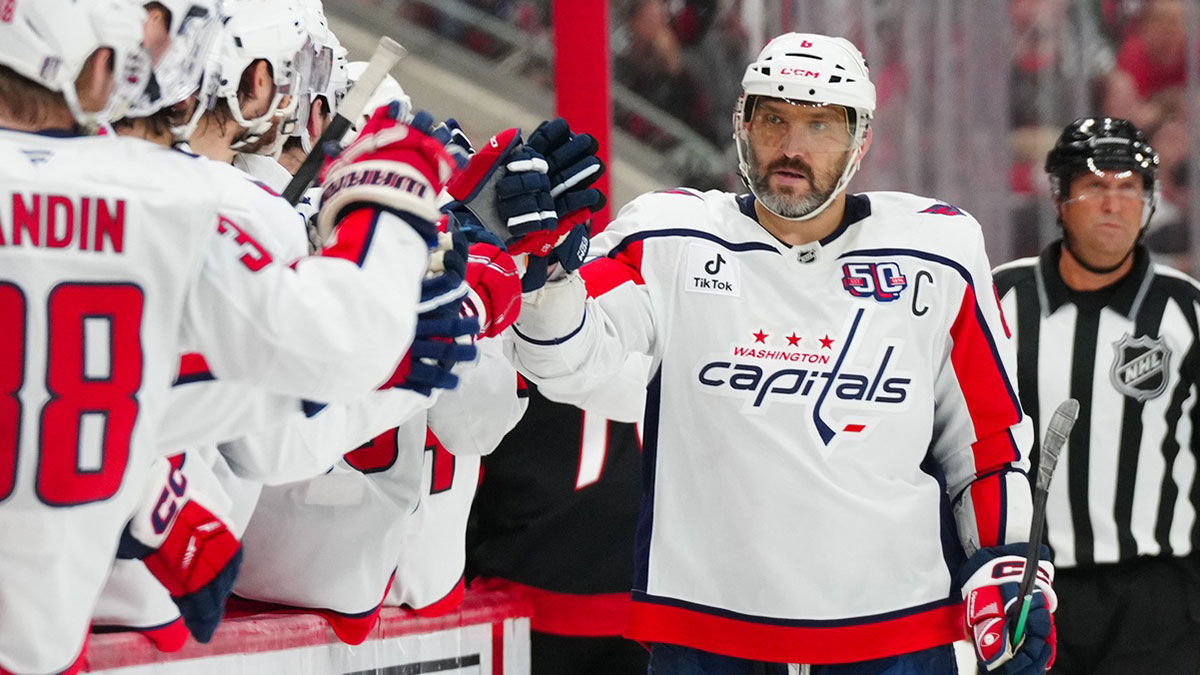 Washington Capitals left wing Alex Ovechkin (8) scores a goal against the Carolina Hurricanes during the third period in game four of the second round of the 2025 Stanley Cup Playoffs at Lenovo Center.