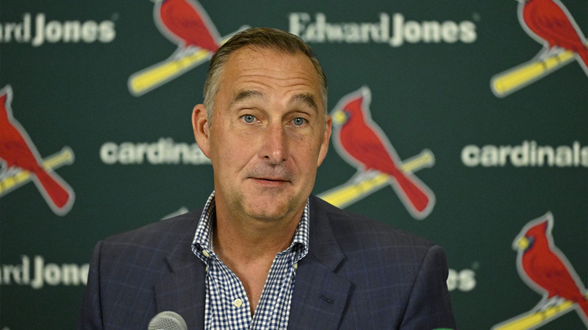 St. Louis Cardinals president of baseball operations John Mozeliak talks with the media after the Cardinals traded shortstop Paul DeJong (11) and starting pitcher Jack Flaherty (22) before a game against the Minnesota Twins at Busch Stadium.