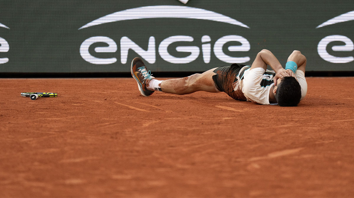 Carlos Alcaraz of Spain celebrates winning the men’s singles final against Jannik Sinner of Italy on day 15 at Roland Garros Stadium.