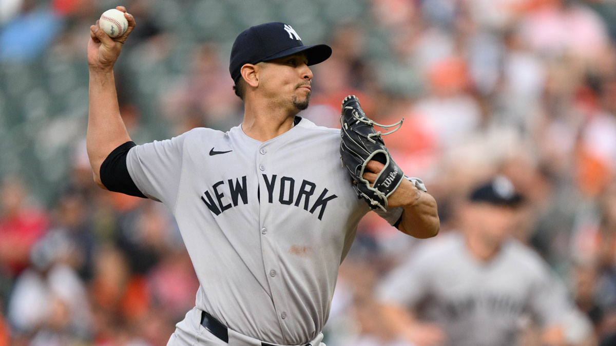New York Yankees pitcher Carlos Carrasco (59) throws a pitch during the second inning against the Baltimore Orioles at Oriole Park at Camden Yards.
