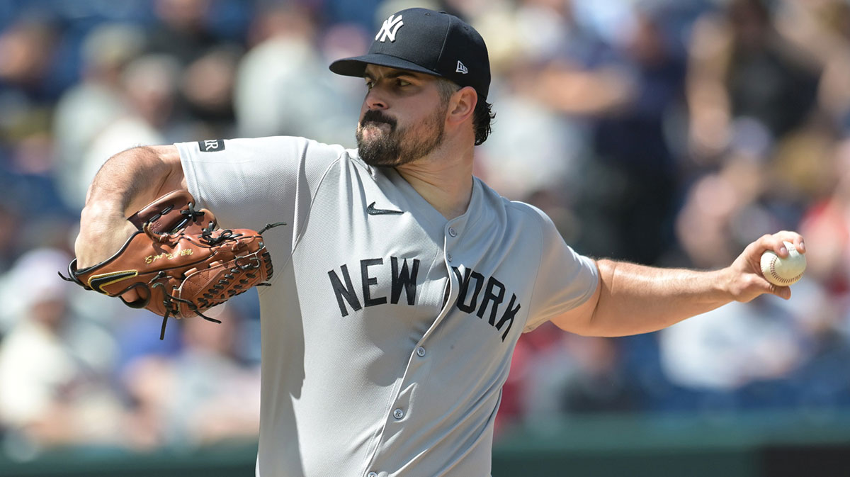 New York Yankees starting pitcher Carlos Rodon (55) throws a pitch during the first inning against the Cleveland Guardians.