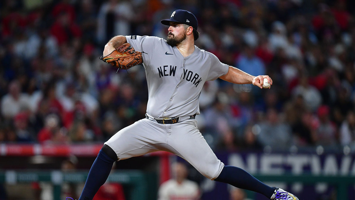 May 27, 2025; Anaheim, California, USA; New York Yankees pitcher Carlos Rodon (55) throws against the Los Angeles Angels during the seventh inning at Angel Stadium.