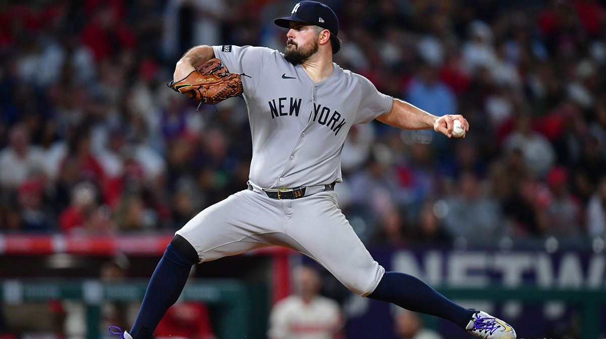 New York Yankees pitcher Carlos Rodon (55) throws against the Los Angeles Angels during the seventh inning at Angel Stadium.