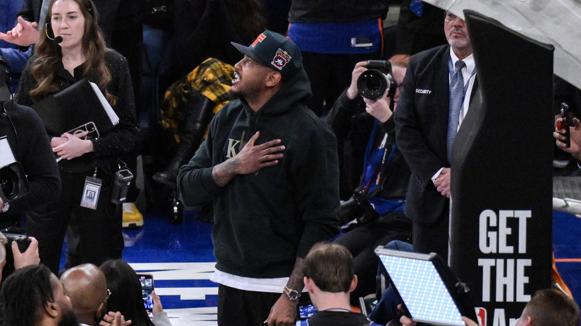 Former New York Knicks great Carmelo Anthony looks on during a video tribute in his honor during the first half against the Boston Celtics at Madison Square Garden.