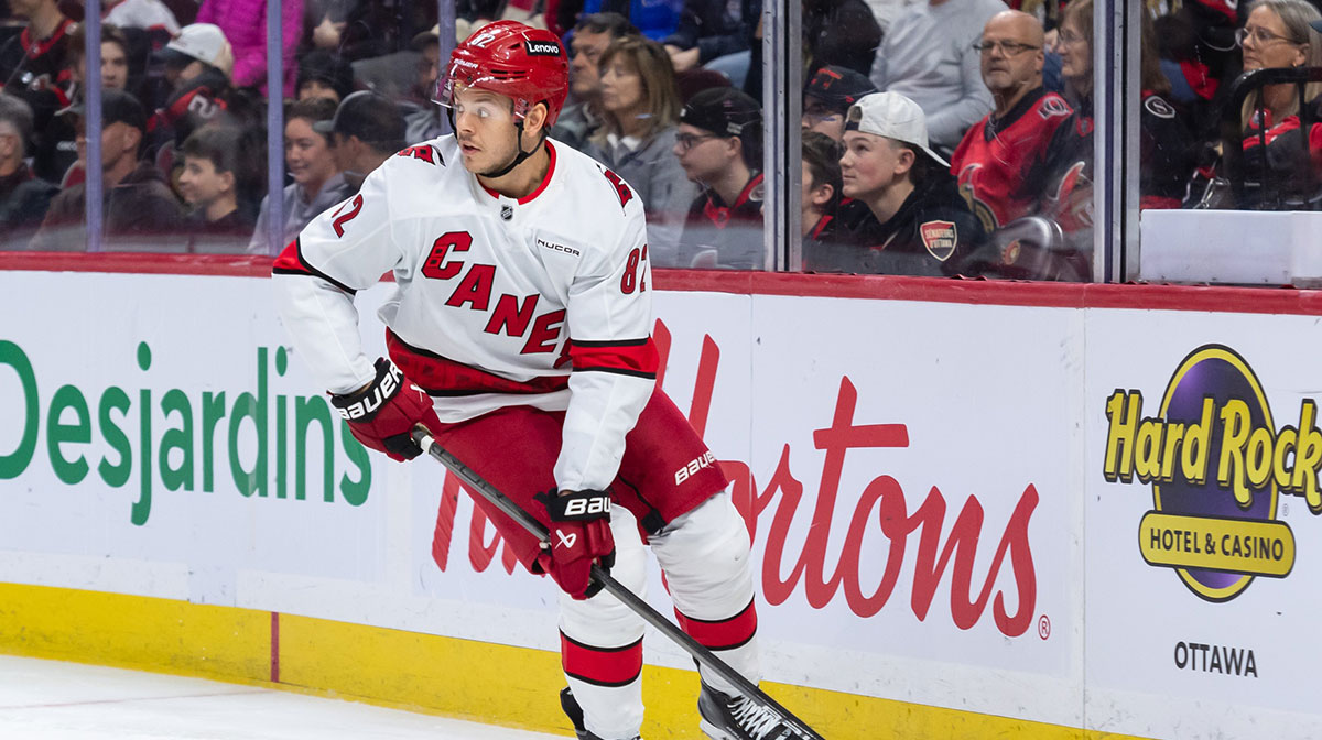Carolina Hurricanes center Jesperi Kotkaniemi (82) skates with the puck in the first period against the Ottawa Senators at the Canadian Tire Centre.