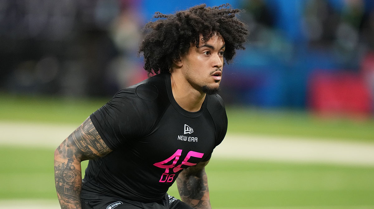 Ohio State defensive back Lathan Ransom (DB46) participates in drills during the 2025 NFL Combine at Lucas Oil Stadium.