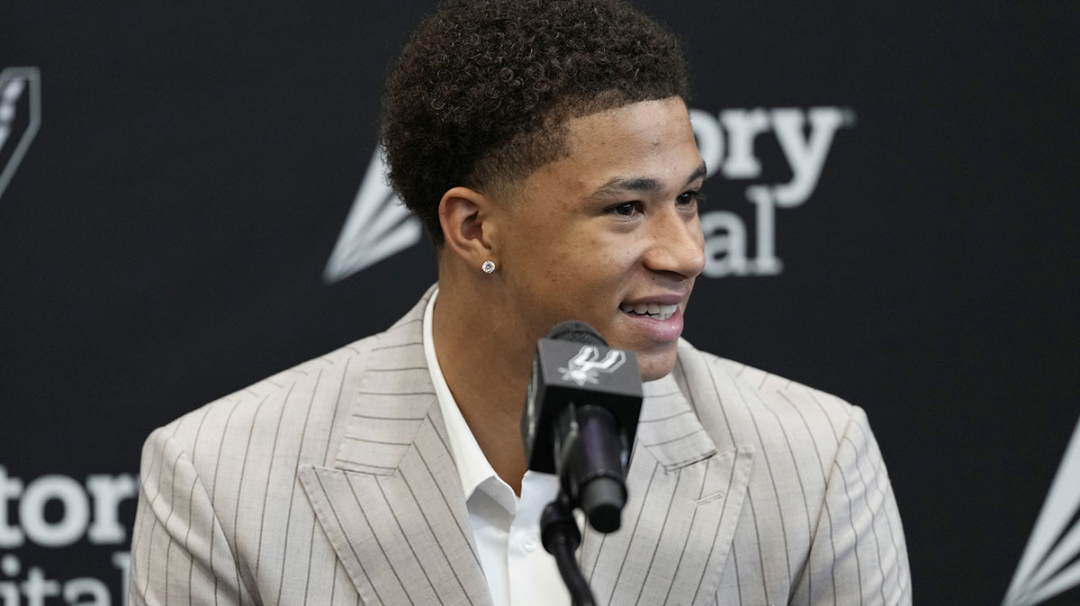 San Antonio Spurs first round draft pick Carter Bryant answers questions during press conference at Victory Capital Performance Center.