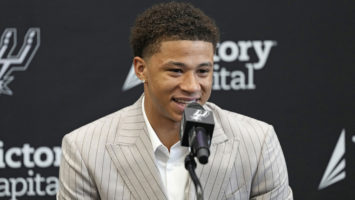 San Antonio Spurs first round draft pick Carter Bryant answers questions during press conference at Victory Capital Performance Center.
