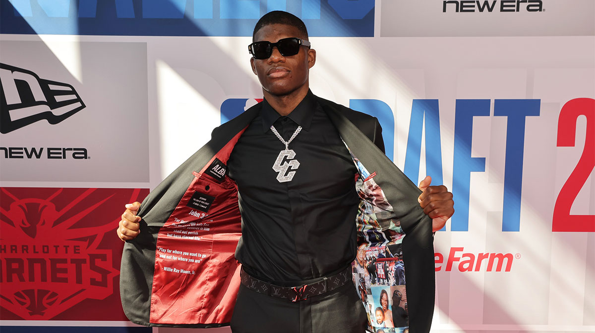 Cedric Coward arrives before the first round of the 2025 NBA Draft at Barclays Center.