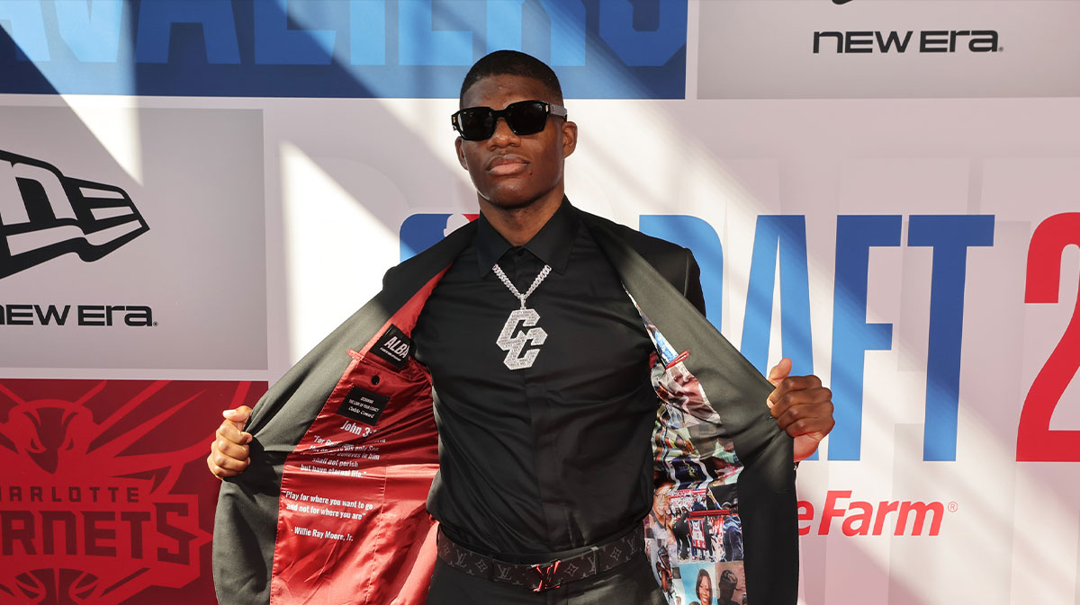 Cedric Coward arrives before the first round of the 2025 NBA Draft at Barclays Center.