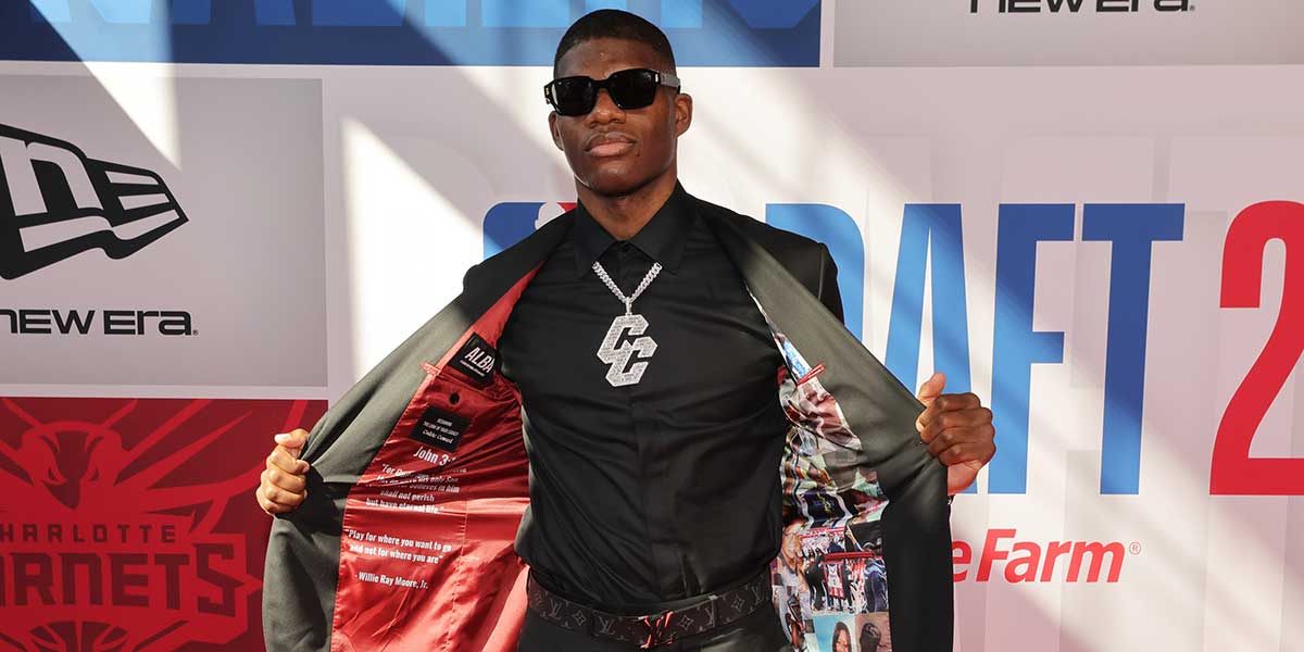 Cedric Coward arrives before the first round of the 2025 NBA Draft at Barclays Center.