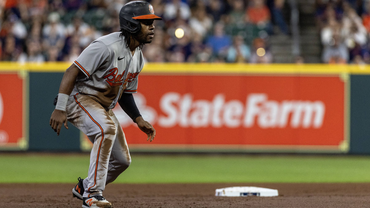 Baltimore Orioles center fielder Cedric Mullins (31) leads off second base against the Houston Astros in the first inning at Minute Maid Park.