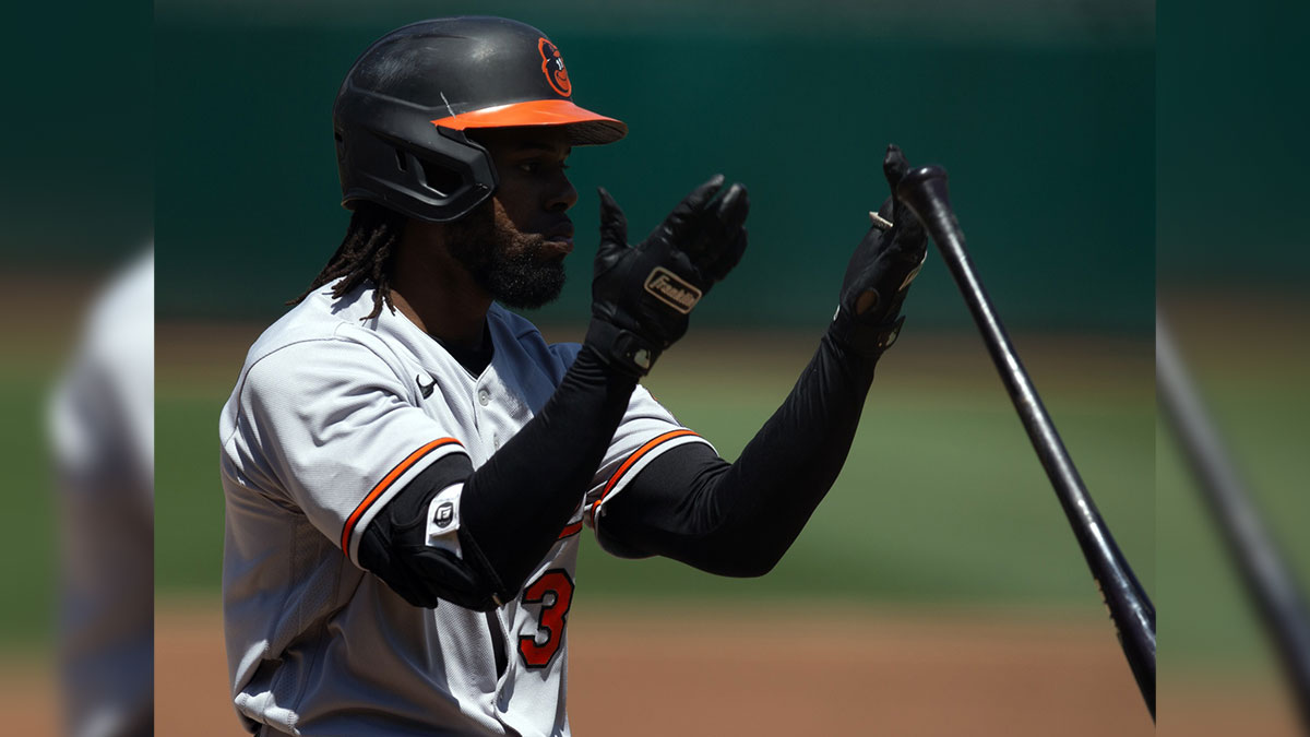 Baltimore Orioles center fielder Cedric Mullins (31) reacts to being called out on strikes against the Oakland Athletics during the first inning at Oakland-Alameda County Coliseum.