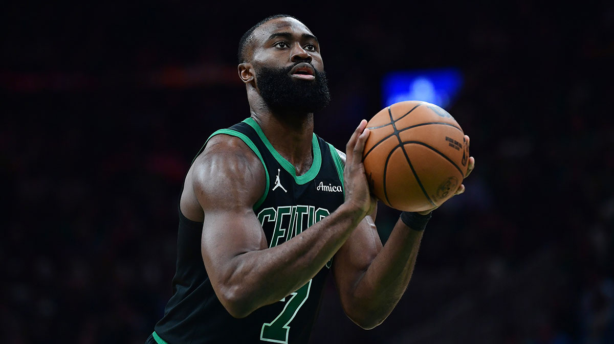 Celtics guard Jaylen Brown (7) shoots a free throw in the second half during game five of the second round for the 2025 NBA Playoffs against the New York Knicks at TD Garden with Paul Pierce in the background