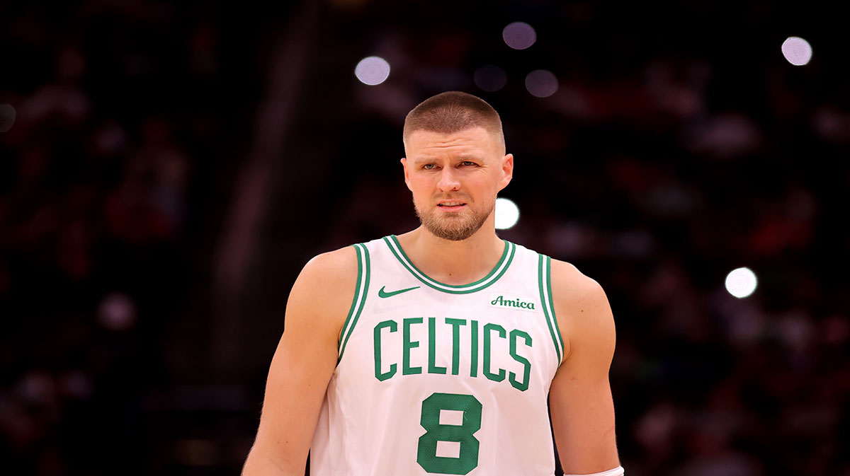 Boston Celtics center Kristaps Porzingis (8) against the Houston Rockets during the fourth quarter at Toyota Center.