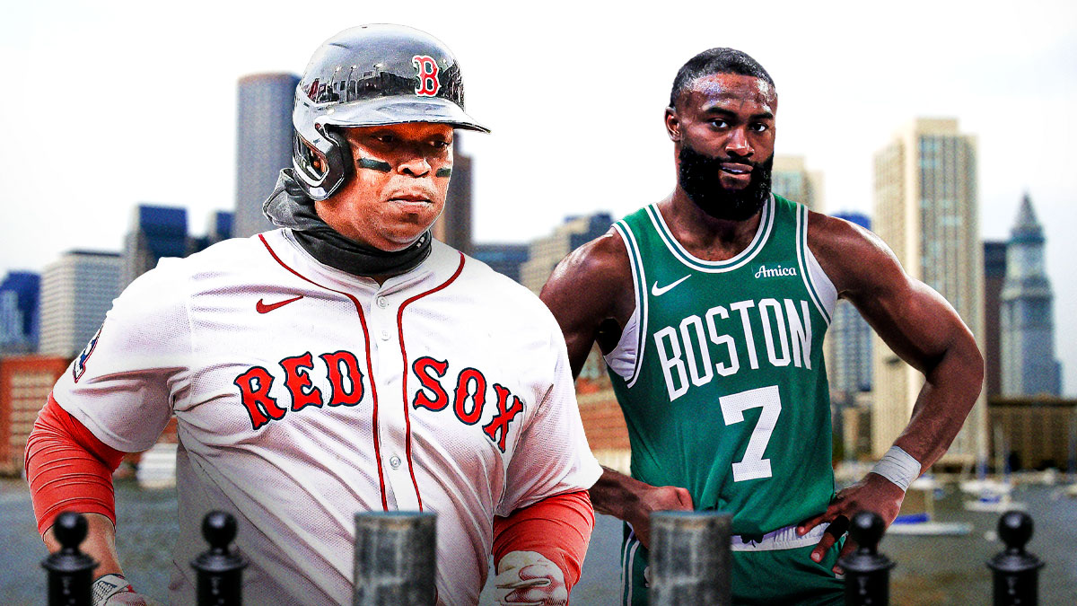 serious looking Jaylen Brown (celtics jersey) next to a sad looking rafael devers (red sox jersey) on a boston city background