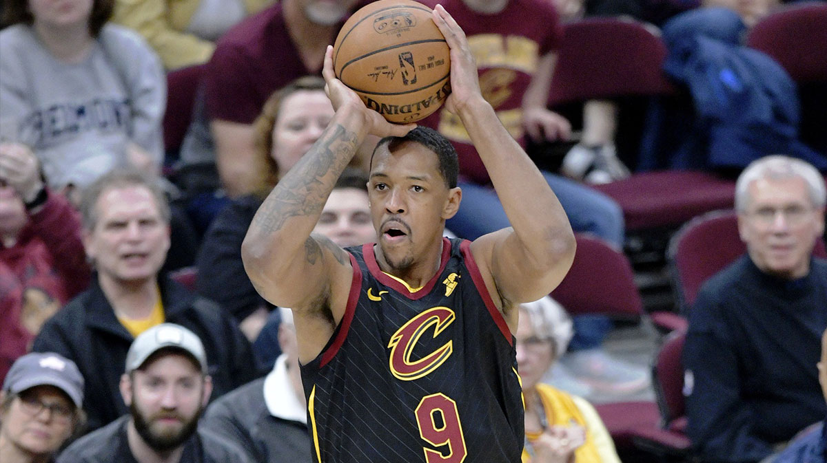Cleveland Cavaliers forward Channing Frye (9) makes a three-point basket in the fourth quarter against the Charlotte Hornets at Rocket Mortgage FieldHouse.